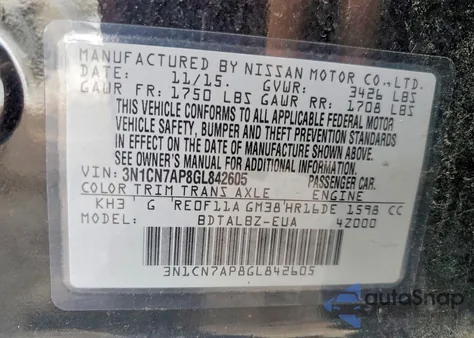 2016 Nissan Versa S z USA, uszkodzony, nr VIN 3N1CN7AP8GL842605